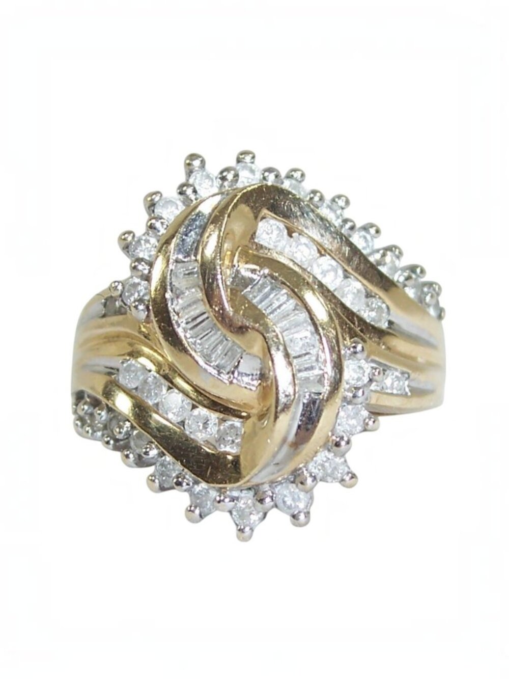 10K Yellow Gold Diamond Swirl Cocktail Ring Round & Baguette Stones Size 7 - Picture 15 of 15